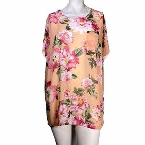 Woman Within Round Neck Short Sleeves Pink Orange Floral Sheer Top Tunic Large
